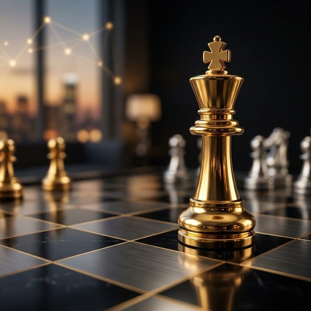 A gold chess king on a dark marble board, city lights behind